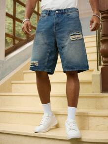 Manfinity Homme Herren Lässig gewaschene und destroyed Denim Shorts