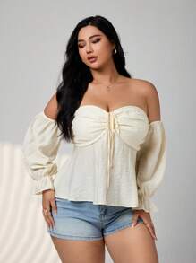 SHEIN ICON 大码褶饰系带蝴蝶结露肩灯笼袖娃娃衫，适合夏季 - 米色 - 查看 2