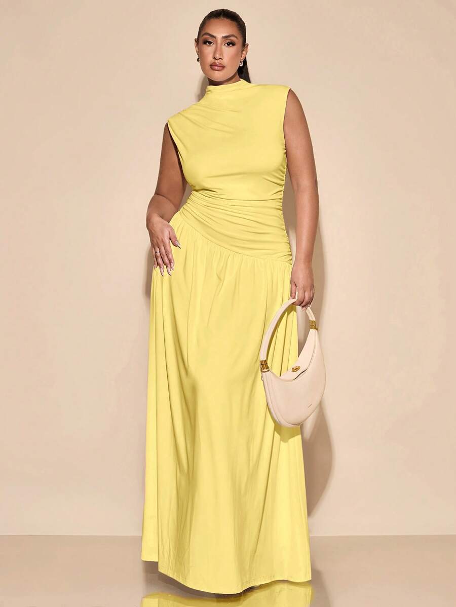 SHEIN BAE Vestido Longo Elegante Sem Mangas com Pregas para Mulheres Plus Size, Vestido Longo Assimétrico Pregueado Sem Mangas de Gola Alta Liso Branco para Primavera/Verão, Adequado para Camadas de Outono/Inverno, Vestido de Estilo Francês, Vestido de Festa, Vestido de Aniversário, Vestido de Dama de Honra, Vestido Elegante Minimalista para o Dia a Dia, Vestidos Formais para Mulheres, Vestido Longo - Amarelo - Visão 1