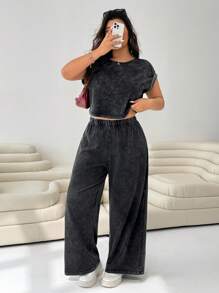 Solflare Plus Size Women 2 Pieces Casual Washed Top And Pants Set, For Summer 2 Piece Lounge Sets Women,Fall,Back To School,Business Casual,Office Outfits,Work,Teacher