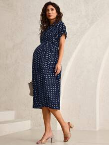 MaterniWear Vestido de maternidad con estampado de lunares, manga corta y nudo delantero, para el verano - Azul Marino - Ver 5