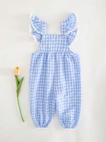 Cozy Pixies Baby Girl Strawberry Pattern Square Neck Ruffle Trim Jumpsuit - Blue and White - View 2