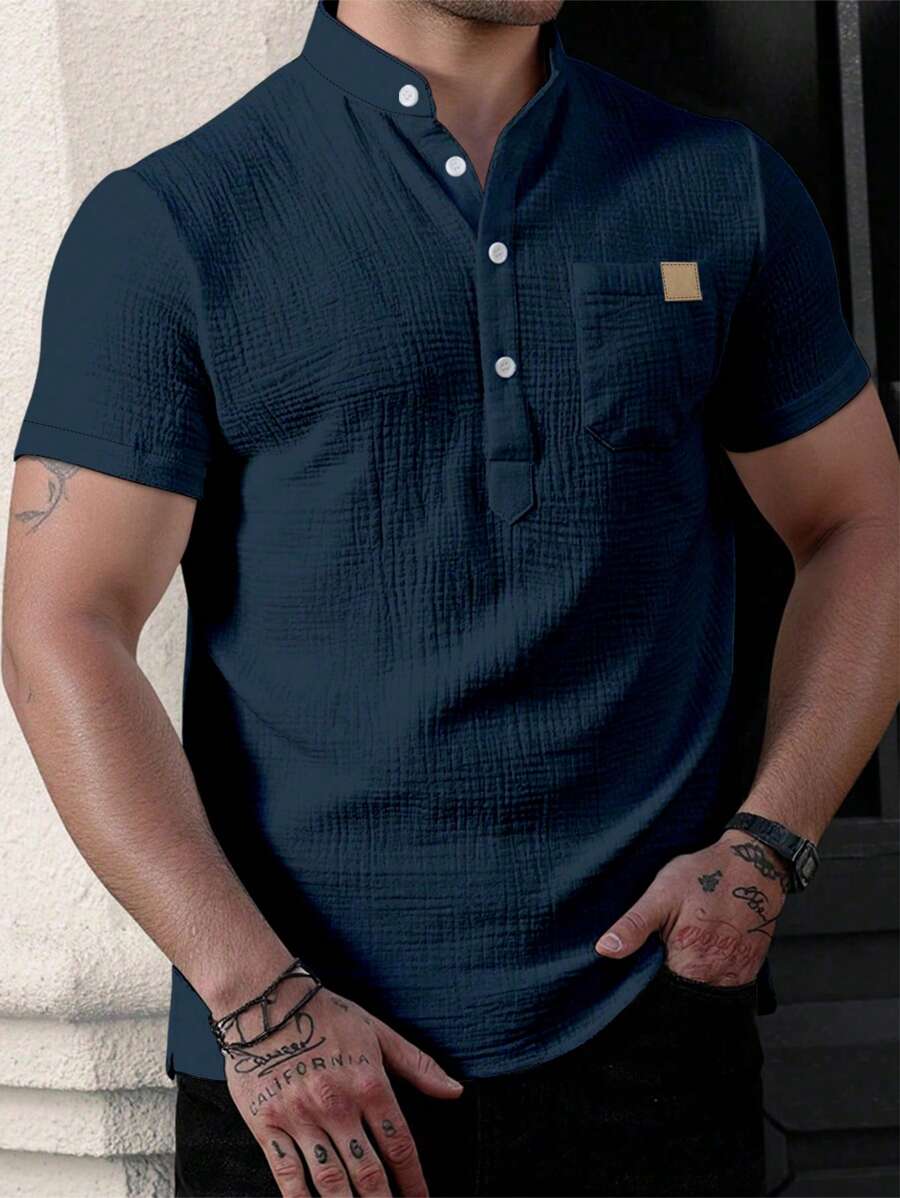 Manfinity Homme Men's Stand Collar Casual Short Sleeve Half-Button Shirt Polo Shirts For Men Polo Men Shirt Shirts For Men Men Polo Shirts Polo Shirt For Men Men Shirts Polo - Navy Blue - View 1