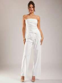 Silquee 2 件套女士白色西装套装，无肩带西装外套和短裤 - 白色 - 查看 4