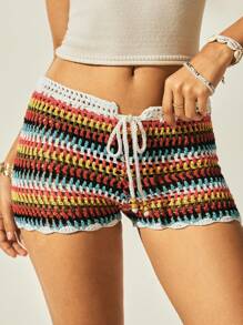 Easelle Women Holiday Casual Low Waist Colorful Crochet Knit Fitted Shorts - Multicolor - View 2