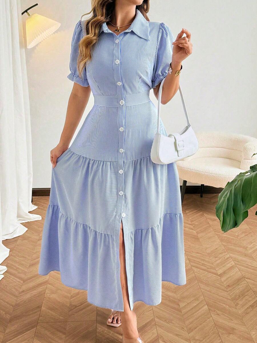 Calvaya Plus Size Blue & White Striped Single-Breasted Ruffle Hem Short Sleeve Shirt Dress, Summer - Blue - View 1