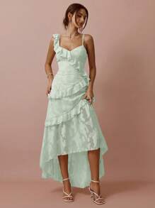 Enchnt Vestido de mujer con hombro asimétrico de volantes y bajo asimétrico de unicolor - verde menta - Ver 6