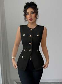 Elenzga 白色无袖法式优雅高品质简约通勤百搭舒适开襟背心，收腰，修身，春夏