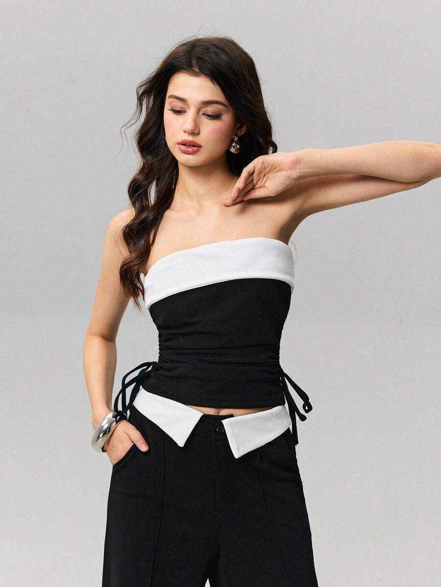 SHEIN MOD ملابس علوية كاجوال للنساء بياقة قابلة للطي وخصر بسحاب، مناسب للمواعيد والمهرجانات والحفلات والأساسيات والمكتب والأسلوب المتميز، مناسب لرأس السنة والنساء Y2K والكاجوال الأعمال والجوث والعطلات والنساء الأعمال الكاجوال والملابس الغربية للنساء والملابس المكتبية للنساء وملابس عيد الحب - أبيض وأسود - مشاهدة 1