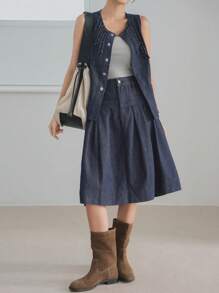 Dazy-Less Costum elegant de damă din denim, stil business, casual, cu imprimeu de birou, model cardigan, plisat, fustă A-line, cu buzunar, pentru naveta, costum elegant din 2 piese