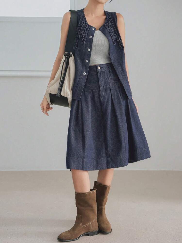 Original Wash Business Casual Office Wear Vest Cardigan Design Pleated A-Line Skirt Pocket Commute Elegant Women Denim 2-Piece Suit