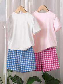 بيجاما بناتي مراهقات 4 قطع، تيشيرت أبيض وزهري فاتح بطباعة رسم كرتوني مع شورت كلاسيكي مربع نمط، أزياء كاجوال على الطراز الكوري العنق الدائري وأكمام قصيرة ملابس منزلية