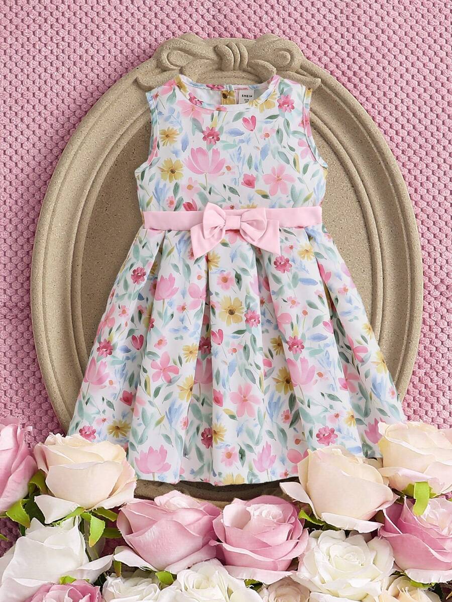 SHEIN Young Girl Floral Print With Bow Decor Sleeveless Round Neck Dress - Multicolor - View 1