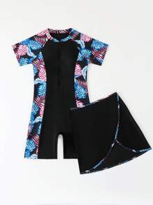 Conjunto de traje de baño de una sola pieza con estampado de plantas tropicales, shorts y falda con cobertura para adolescentes y niñas, ideal para verano y resort
