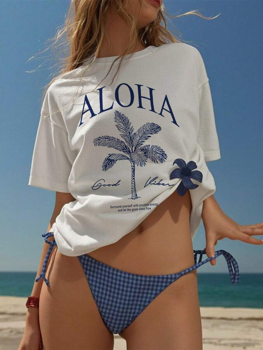 SHEIN Bubbli Women's White Palm Tree Print Loose Casual Holiday Round Neck T-Shirt, Short Sleeve Beach Top - White - View 1