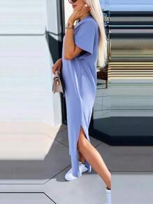 INAWLY Solva Abito casual da donna con spacco laterale, tinta unita, estivo