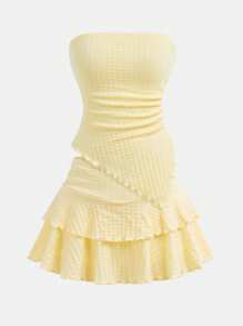 Girlism Teen Girls Resort Style Mustard Yellow Textured Tube Top With Front TwistGathered Waist Irregular Hem And Ruffled Skirt Two Pieces Suit. Suitable For Afternoon Tea, Streetwear, Vacation, Layering Or Party Wear, Autumn/Winter/Cute/Vacation