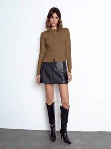 Maija Women's Mocha Brown Elegant Solid Color Round Neck Front Button Long Sleeve Simple Fashion Versatile Knit Sweater, Christmas Holiday Casual Outdoor Business Casual Wear In Fall/Winter