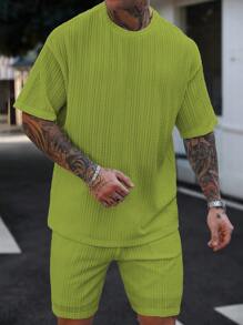 Manfinity Homme 男士纹理圆领短袖T恤和抽绳腰短裤套装男士两件套男士两件套男士两件套男士两件套男士针织两件套 - 綠色 - 查看 6