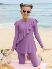 Conjunto de bikini modesto para niñas preadolescentes con manga larga y pantalón largo, con diseño vintage asimétrico y recorte con volantes