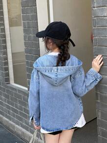 SHEIN Genkimix Kids Denimly Tween Girls Preppy Casual Daily Urban Street Loose Denim Hoodie, Comfortable All-Match Casual Versatile Fall Winter