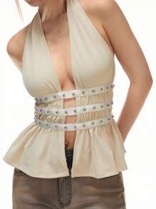 LYSMO 女士挂脖系带浅黄色腰带扣上衣 - 2025 春夏新品 - 黃色 - 查看 2