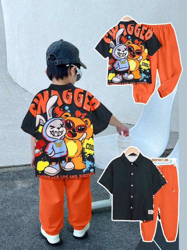 SHEIN 2pcs/Set Young Boys Casual Street Korean Cute Loose Cartoon Graffiti Print Oversized Short Sleeve Shirt + Pants Set, Suitable For Spring/Summer Daily Wear, Sports, Outgoing, School, Party, Holidays, Photo Shooting, Easter