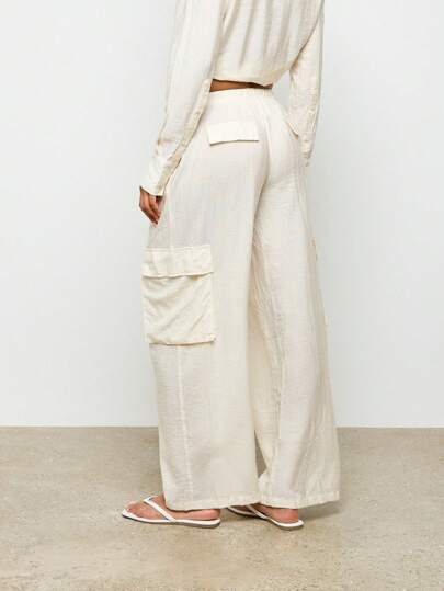 Linen Feel Wide Leg Cargo Pants Drawstring Waist Loungewear Casual Pants