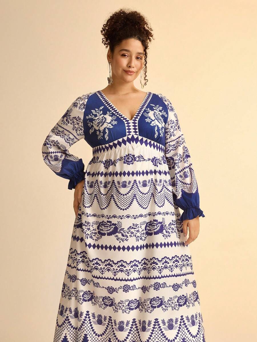 CAJUNI Vacation Casual Tropical Blue Floral Print Deep V-Neck Backless Tie-Up Lantern Sleeve Ruffle Hem Maxi Dress, Plus Size - Blue and White - View 1