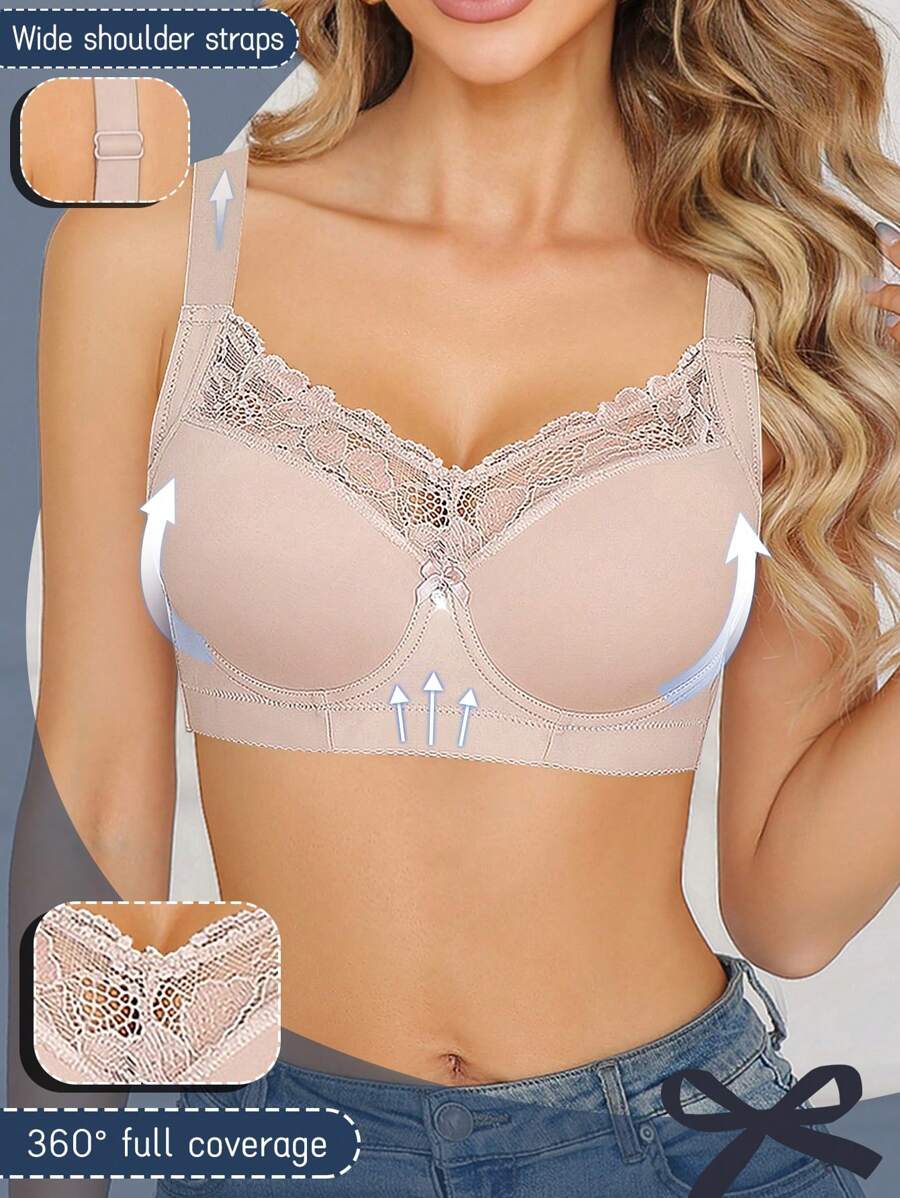 SHEIN 1 件女士蕾丝拼接宽肩带内衣，无钢圈舒适休闲内衣文胸 - 杏色 - 查看 1