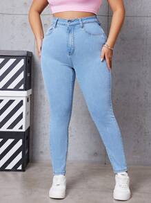 SHEIN EZwear Jeans casual à coupe slim, design poche, couleur unie, tailles plus