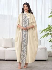 SHEIN Najma Vestido suelto y elegante de mujer con decoración de patrón de patchwork y lazo en el cuello - Albaricoque - Ver 3
