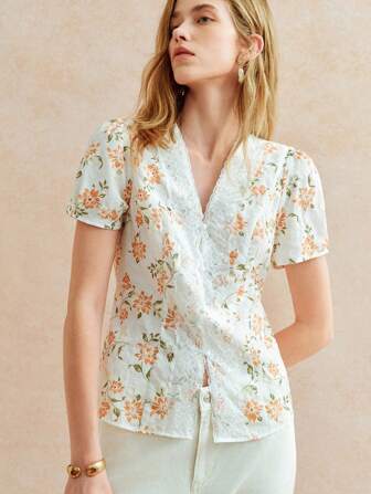 Écloséra 女式法式复古V领蕾丝花边刺绣印花修身夏季衬衫