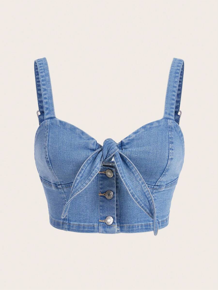 SHEIN SXY Áo hai dây denim thắt nơ co giãn cỡ lớn cho nữ, màu xanh nhạt - Rửa nhẹ - Xem 1