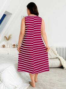Striped Print Casual Long Nightgown/Sleepwear - Hot Pink - View 2