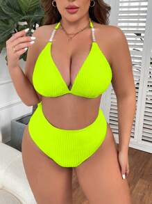 Swim Vcay 夏季海灘加大碼純色紋理綁頸胸圍和比基尼下擺泳裝套裝 - 黃色 - 查看 4