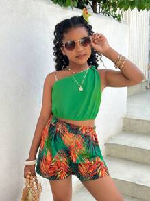 Conjunto informal de 2 piezas de niña preadolescente de unicolor con top sin mangas asimétrico y shorts de verano. Conjunto a juego de madre e hija (se venden por separado los 2 conjuntos)