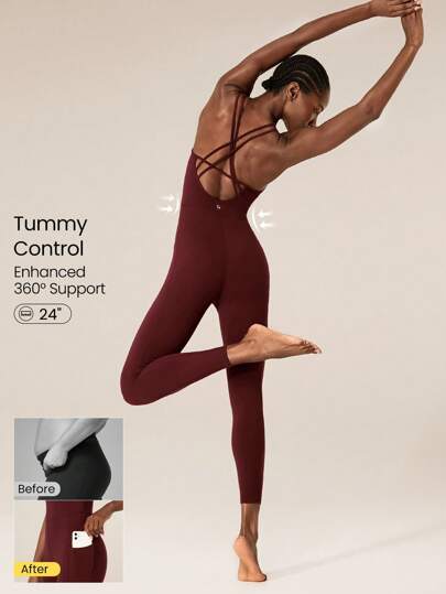 GLOWMODE 24 英寸 FeatherFit™ 收腹交叉绑带背部紧身连体衣 带侧袋 低冲击瑜伽日常可拆卸罩杯