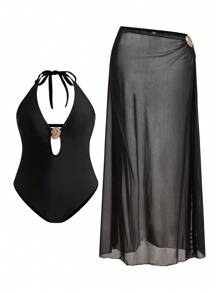 SHEIN Swim Curve Plus Size Solid Color Halter Strappy Hollow Metal Buckle Decor One-Piece Swimsuit For Summer