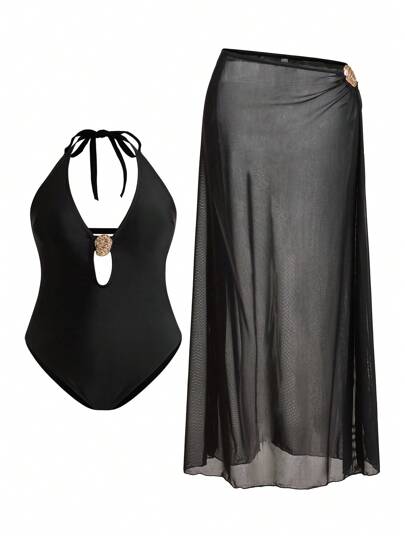 SHEIN Swim Curve 夏季加大码纯色吊带镂空金属扣装饰连体泳衣