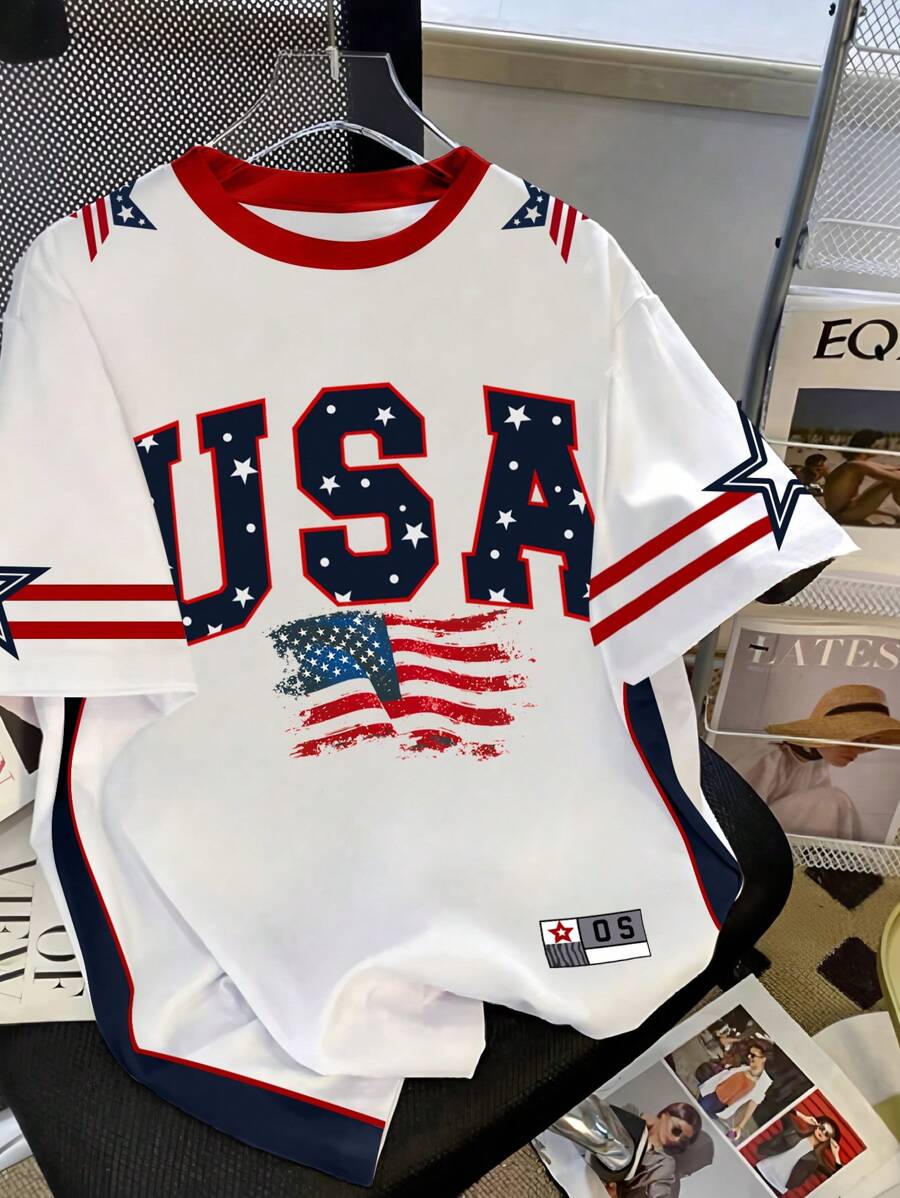 INAWLY American Casual Street Style Flag Star Element Women's T-Shirt - White - View 1