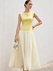 Aveloria Modichic Đầm nữ cổ tròn xếp ly voan eo thấp thanh lịch màu vàng nhạt thiết kế tối giản không tay thắt eo - Nhiều màu - Xem 1