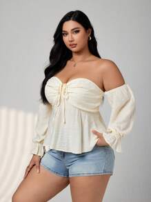 SHEIN ICON 大码褶饰系带蝴蝶结露肩灯笼袖娃娃衫，适合夏季 - 米色 - 查看 3