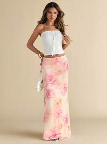 SHEIN BAE 夏季女式花卉印花网眼中低腰迷你裙 - 彩色 - 查看 4