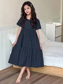 Dazy Kids 女童花卉印花圆领梭织短袖睡衣，夏季 - 藏蓝色 - 查看 5
