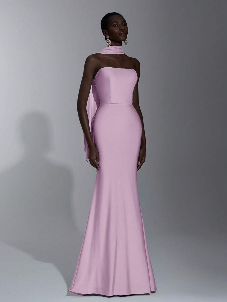 Elitara 优雅分层露肩弹力针织美人鱼裙，适合婚礼、单身派对、度假、舞会、伴娘（成人） - 粉色 - 查看 1