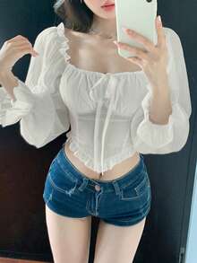 DAZY 春夏优雅蕾丝拼接修身衬衫，配有抽绳，适合情人节、婚礼、派对、正式场合，长袖女式衬衫 - 白色 - 查看 4