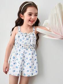 Young Girl Ditsy Floral Spaghetti Strap Romper - Blue - View 2