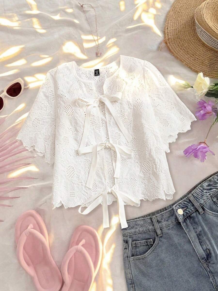 Flirla Plus Size Lace Embroidered Bowknot Short Sleeve Blouse, Casual Summer Shirt For Girls - White - View 1