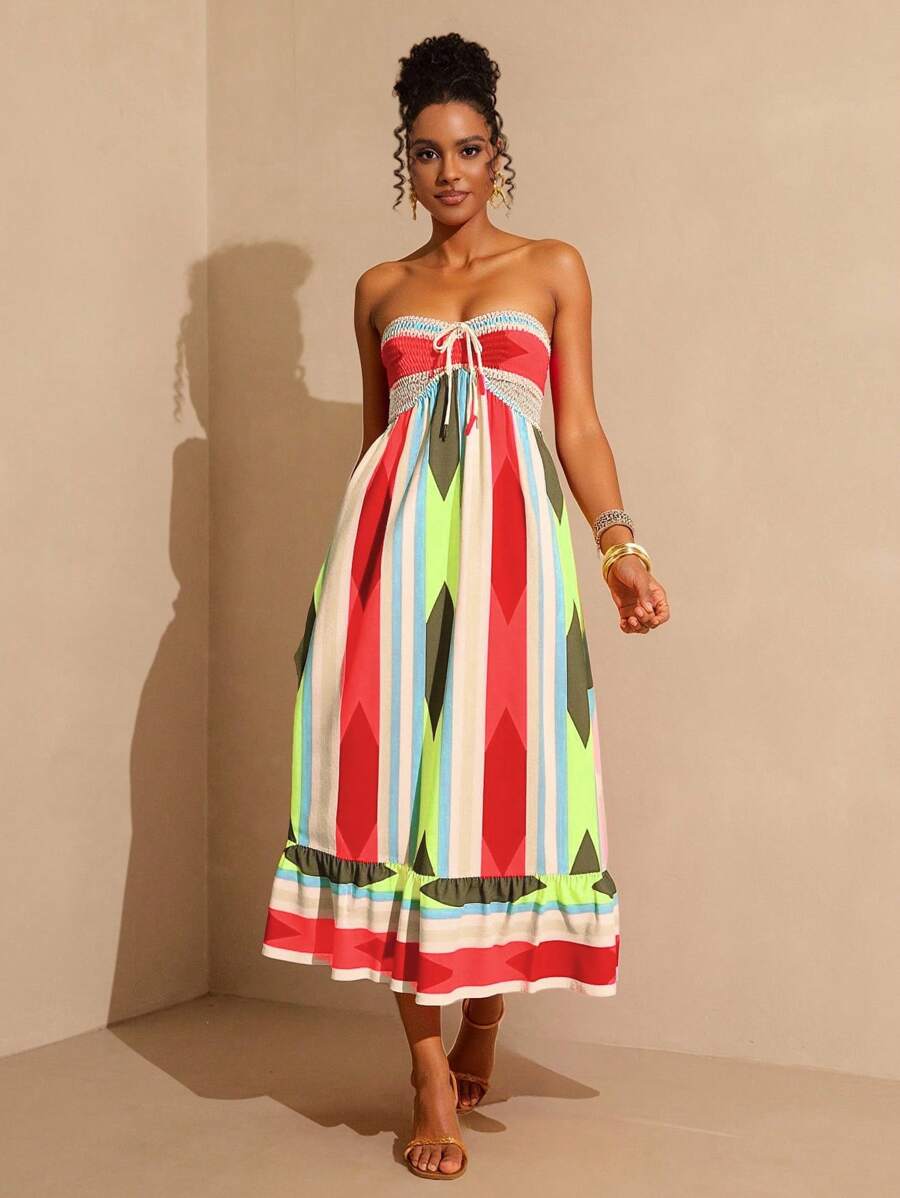 Breezaya 女式夏季几何印花抹胸连衣裙，前系带，超长度假海滩装 - 彩色 - 查看 1